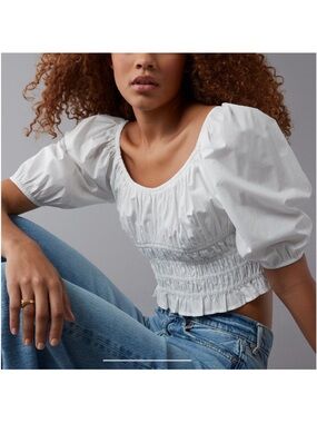 American Eagle White Smocked Puff-Sleeve Crop Top